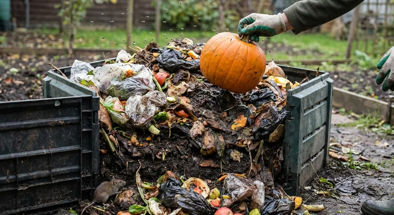 Zaniedbany kompostownik z plastikowymi torbami, całą dynią i szczurem.
