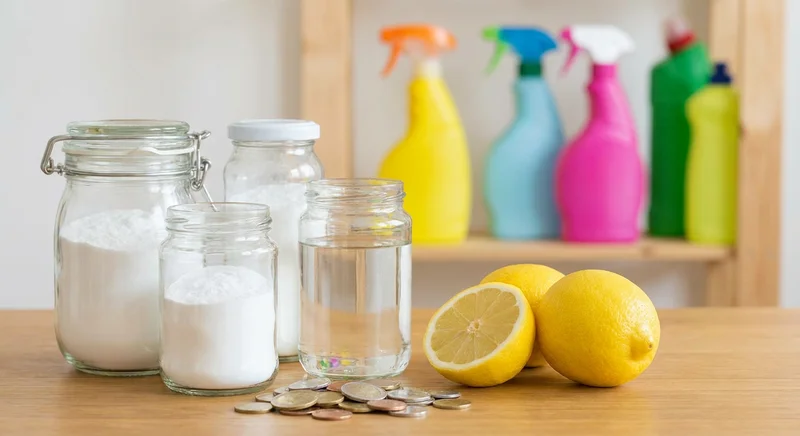 Naturalne składniki do sprzątania: soda, ocet, cytryny i garść monet na tle plastikowych butelek z chemią domową.