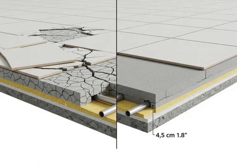 Przekrój podłogi z ogrzewaniem: po lewej pęknięcia od zbyt cienkiej wylewki, po prawej poprawna warstwa o grubości 4,5 cm.