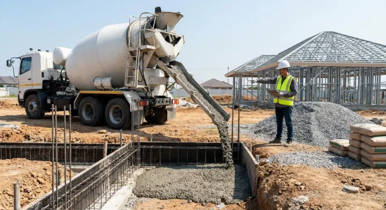 Wylewanie betonu towarowego z betoniarki bezpośrednio do zbrojonych fundamentów na placu budowy.