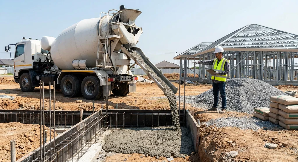 Wylewanie betonu towarowego z betoniarki bezpośrednio do zbrojonych fundamentów na placu budowy.