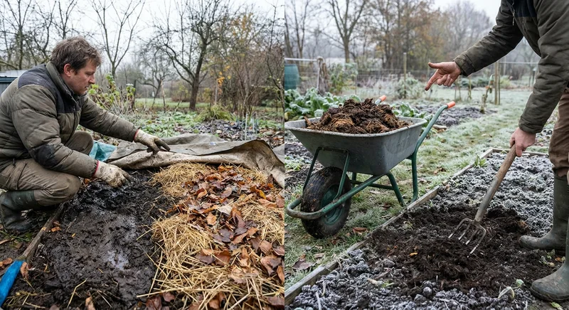 Prace ogrodowe późną jesienią: ściółkowanie gleby słomą oraz nawożenie zmrożonych grządek obornikiem.