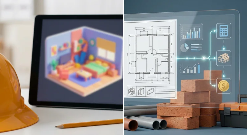 Wizualizacja 3D pokoju na tablecie obok szczegółowego rzutu technicznego 2D oraz ikon kosztów i materiałów.