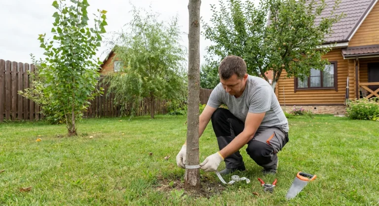 Mężczyzna mierzy miarką obwód pnia drzewa tuż przy ziemi.