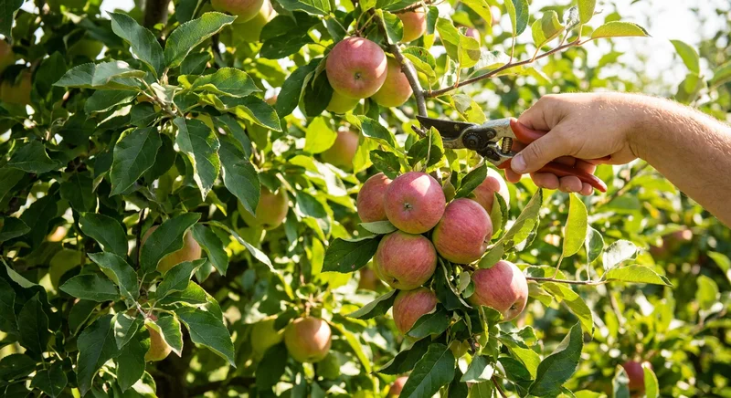 Dłoń z sekatorem przycinająca gałązkę jabłoni obok dojrzałych, czerwonych jabłek.