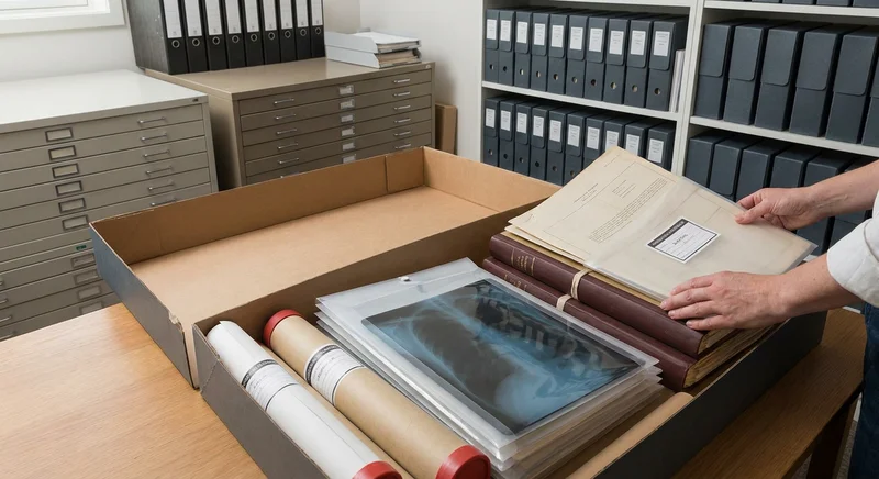 Segregowanie klisz RTG w foliach ochronnych, dokumentów w tubach i teczkach w dużym pudle archiwizacyjnym.