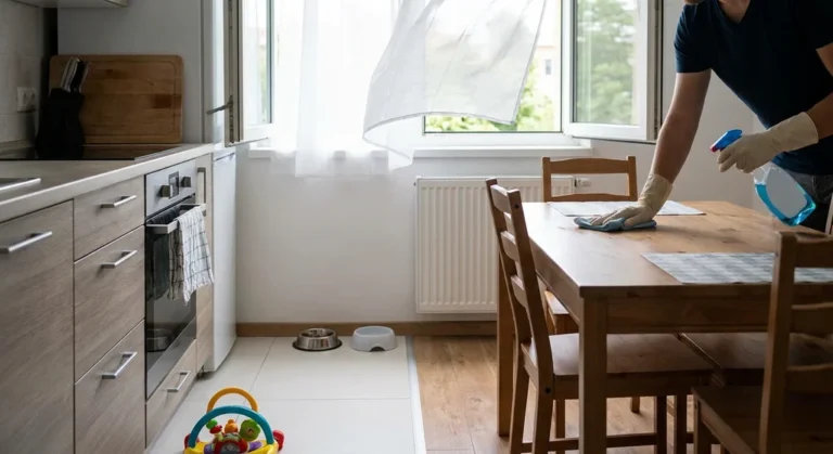 Mężczyzna w rękawiczkach przeciera stół kuchenny sprayem przy otwartym oknie z powiewającą firanką.