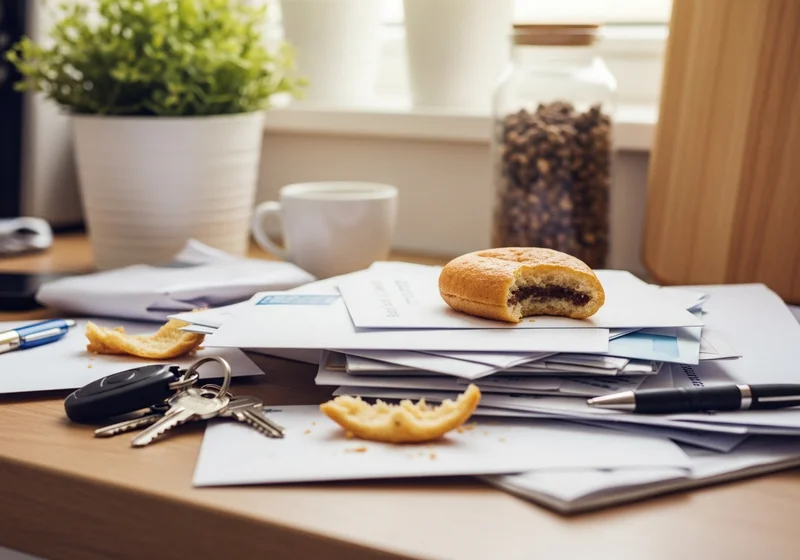 Zabałaganiony blat kuchenny z pocztą, kluczami i niedojedzonym ciastkiem, obrazujący problem zagracania przestrzeni.