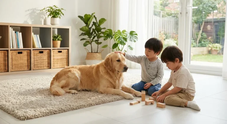 Spokojny golden retriever leży na dywanie obok dwóch chłopców bawiących się klockami w jasnym salonie.