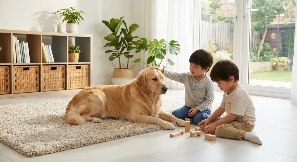 Spokojny golden retriever leży na dywanie obok dwóch chłopców bawiących się klockami w jasnym salonie.