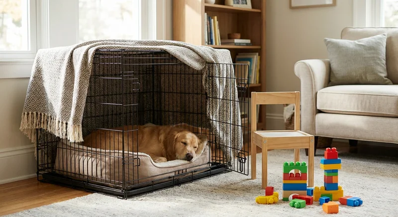 Golden retriever śpi w przytulnej klatce kennelowej nakrytej kocem, obok dziecięcego krzesełka i klocków.