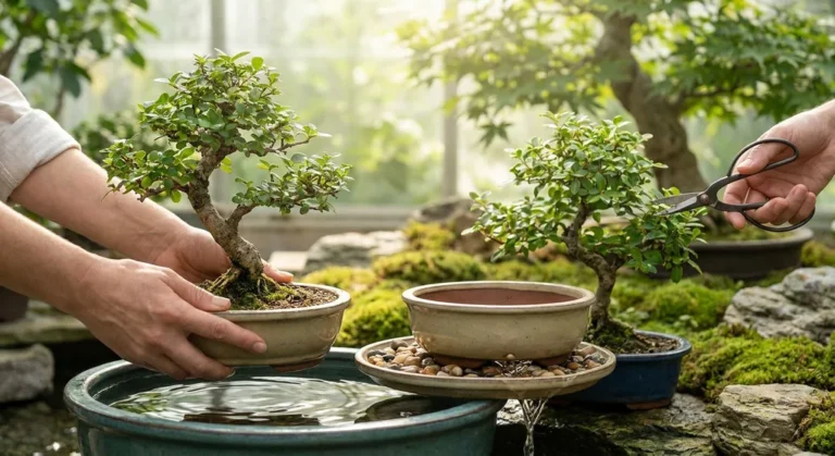 Pielęgnacja bonsai: podlewanie metodą zanurzeniową, doniczka na tacy z drenażem i przycinanie gałązek nożycami.