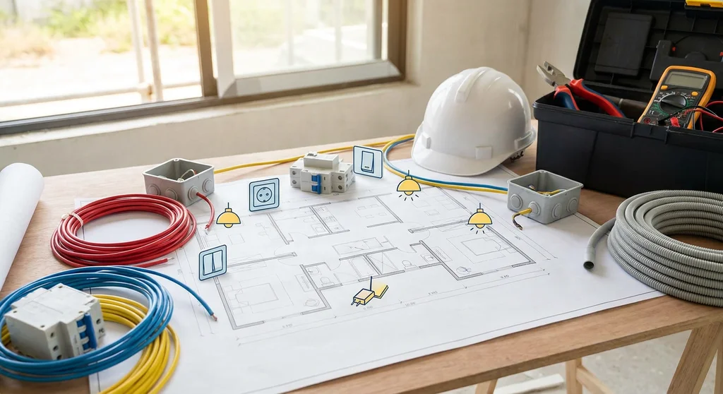 Projekt instalacji elektrycznej na stole, otoczony zwojami kabli, narzędziami i kaskiem ochronnym.
