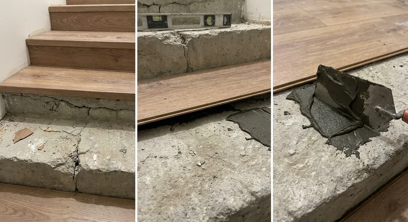 Klejenie drewnianych stopni na zniszczone, popękane betonowe schody bez uprzedniego wyrównania podłoża.