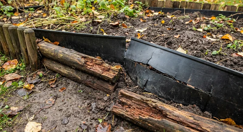 Zgniłe, rozpadające się drewniane palisady i popękane czarne plastikowe obrzeże ogrodowe w ziemi.