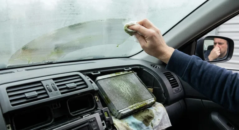 Wycieranie tłustego nalotu z szyby przy odsłoniętym, brudnym parowniku. W lusterku kierowca zatykający nos.
