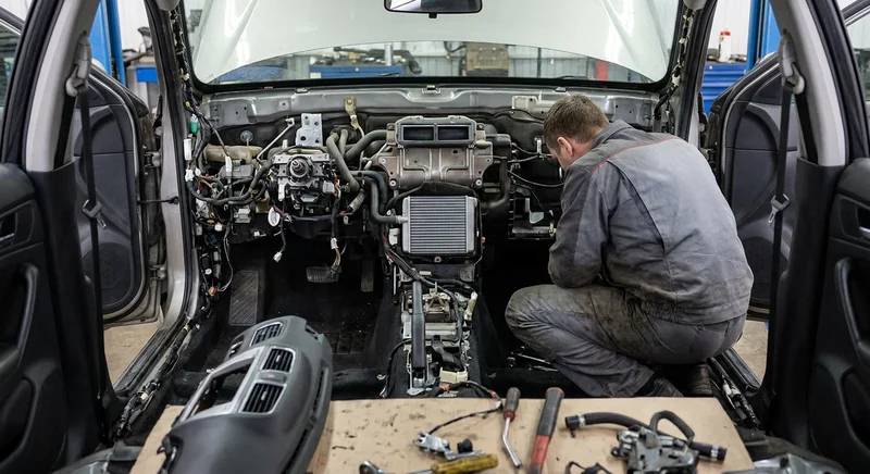 Mechanik pracujący w aucie ze zdemontowanym kokpitem i fotelami podczas wymiany parownika klimatyzacji.