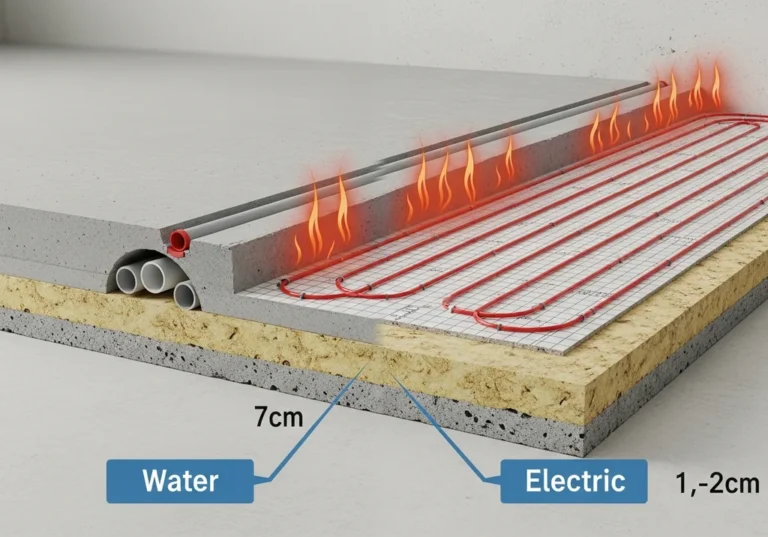 Porównanie grubości wylewki: 7 cm dla ogrzewania wodnego oraz 1–2 cm dla elektrycznego.