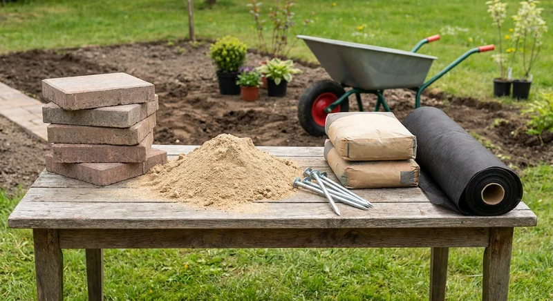 Materiały na obrzeża: kostka, piasek, cement, kotwy montażowe i geowłóknina na drewnianym stole w ogrodzie.