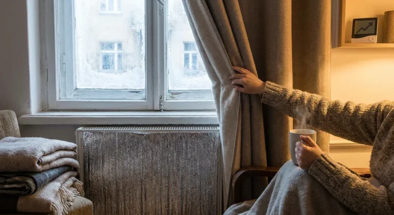 Osoba z ciepłym napojem przy oknie z grubą zasłoną i grzejnikiem z zamontowanym ekranem zagrzejnikowym.