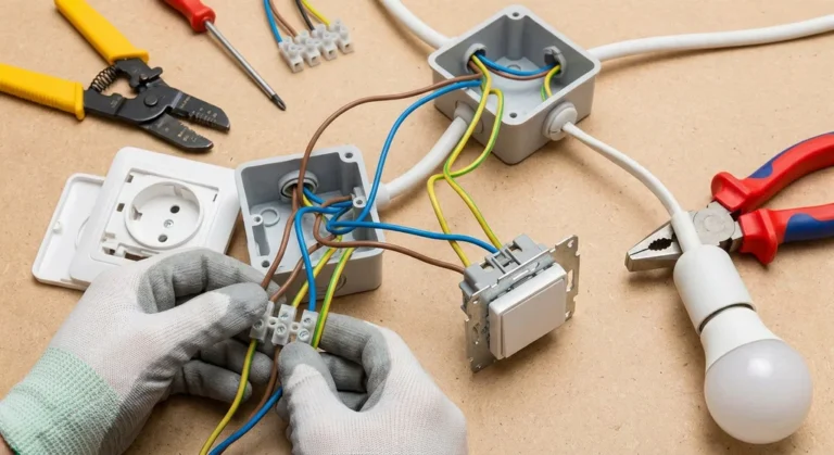 Podłączanie przewodów elektrycznych łączących gniazdko, włącznik światła i puszkę instalacyjną.