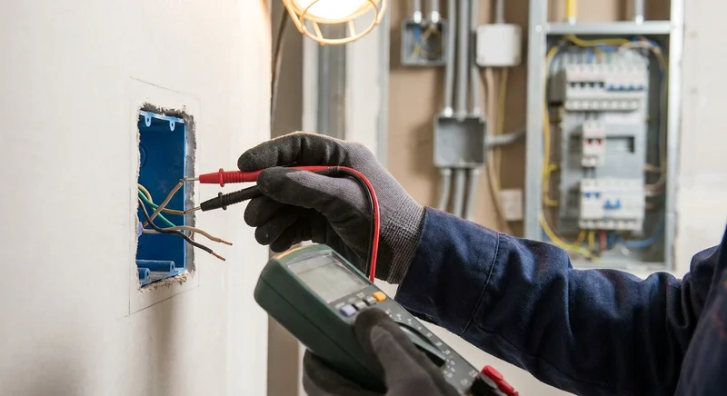 Elektryk sprawdza multimetrem przewody w ściennej puszce elektrycznej.