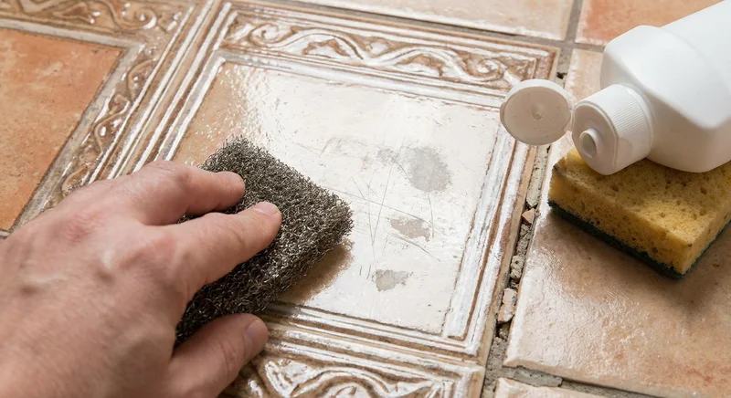 Czyszczenie płytki ceramicznej metalowym druciakiem, które prowadzi do zarysowania szkliwa.