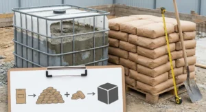 Paleta z workami cementu, zbiornik z betonem i podkładka z infografiką o przeliczaniu worków na m3.