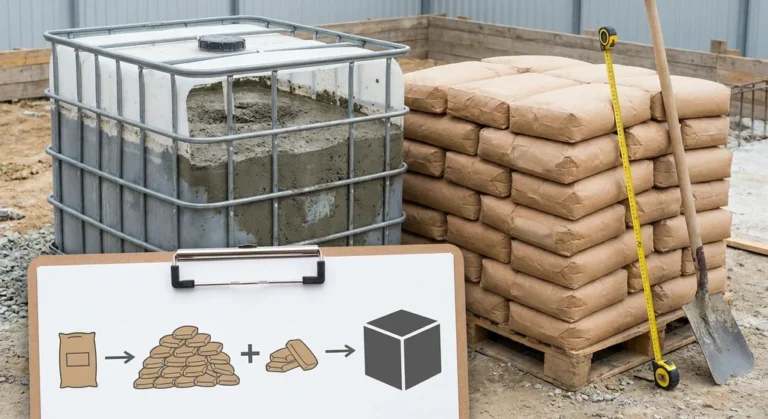 Paleta z workami cementu, zbiornik z betonem i podkładka z infografiką o przeliczaniu worków na m3.