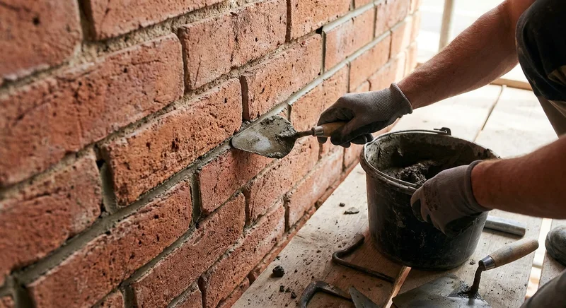 Precyzyjne nakładanie zaprawy kielnią bezpośrednio w szczelinę między cegłami podczas spoinowania.