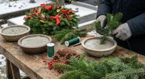 Osoba w rękawicach wtyka gałązkę świerku w misę z cementem, tworząc ciężką bazę pod stroik na cmentarz.