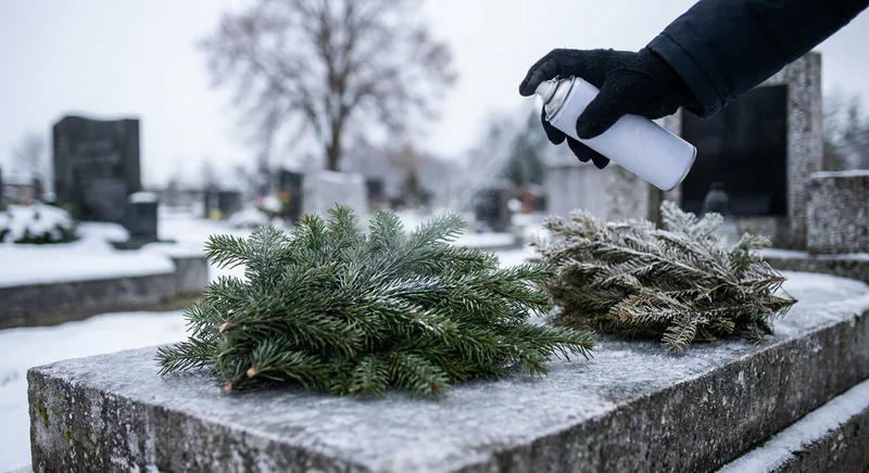 Dłoń w rękawiczce spryskuje sprayem zielone gałązki świerku na ośnieżonym nagrobku.