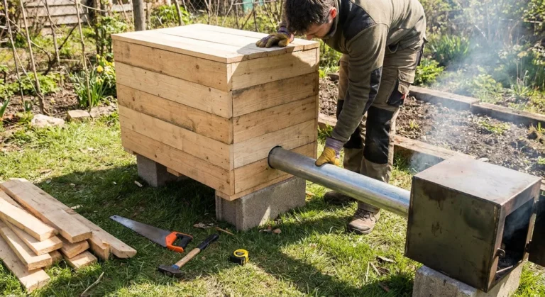Mężczyzna łączy metalową rurą drewnianą komorę wędzarni stojącą na bloczkach z zewnętrznym paleniskiem.