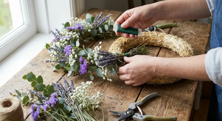 Dłonie mocujące pęczek lawendy, eukaliptusa i gipsówki drutem florystycznym do słomianego podkładu wianka.