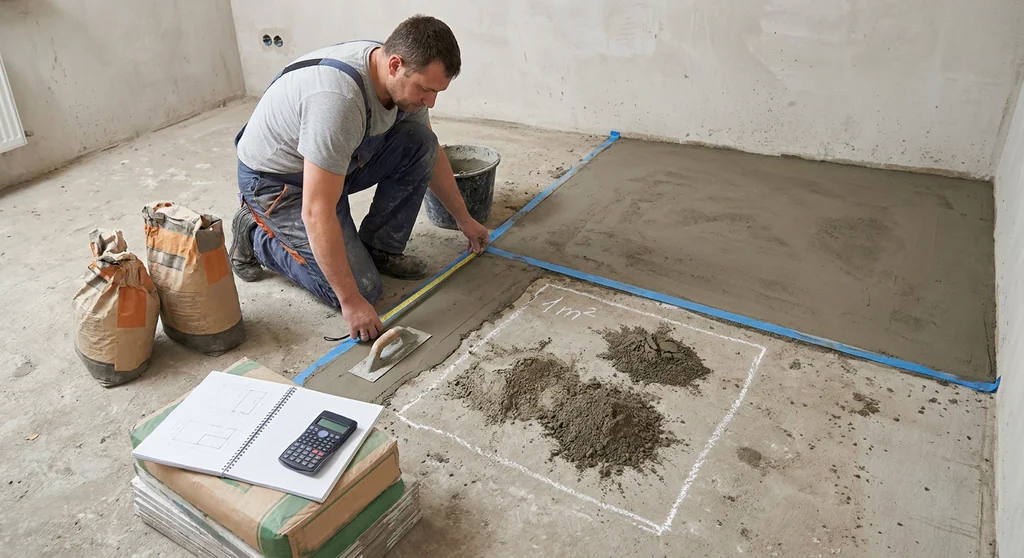 Pracownik mierzy wylewkę betonową obok narysowanego kredą kwadratu 1 m² z zaprawą, projektu i kalkulatora.