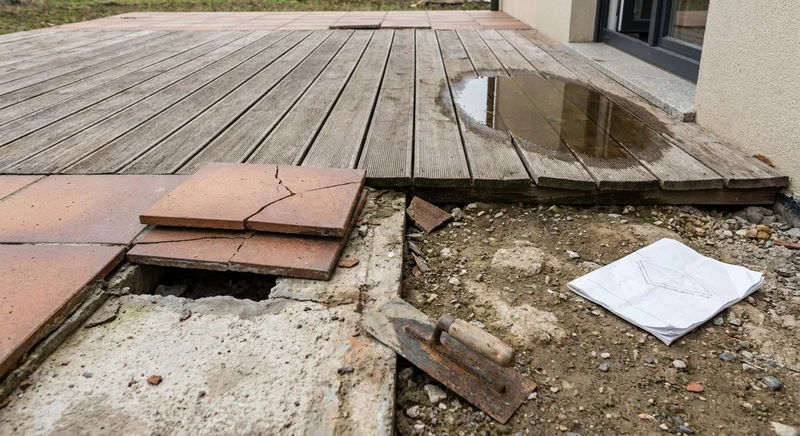 Popękane płytki tarasowe, stojąca woda na deskach i kielnia budowlana na uszkodzonym podłożu.