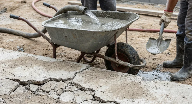 Rozwodniony, płynny beton wlewający się do taczki i ociekający z łopaty trzymanej przez robotnika.