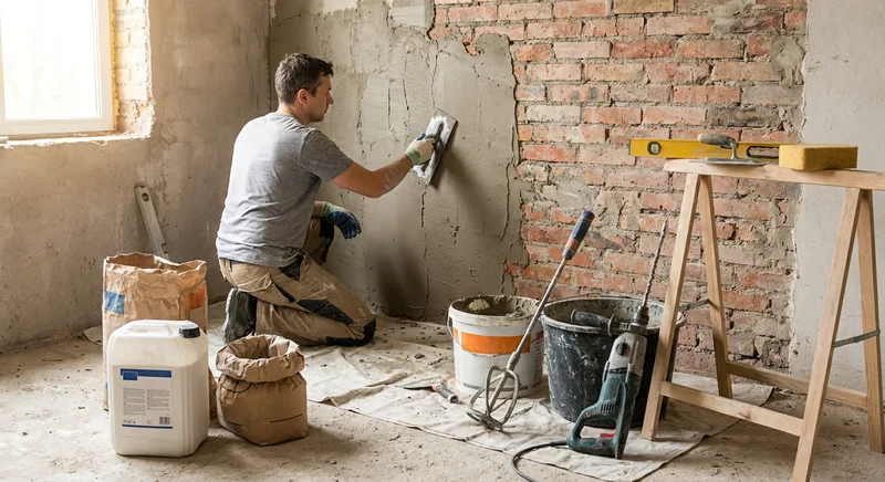 Mężczyzna tynkuje ceglaną ścianę pacą. Obok leżą narzędzia: mieszadło, wiadra, worki z zaprawą i poziomica.