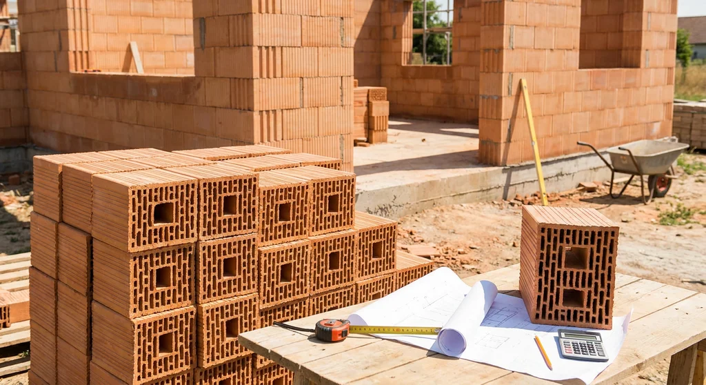 Pustaki ceramiczne oraz projekt domu z kalkulatorem i miarą na placu budowy.