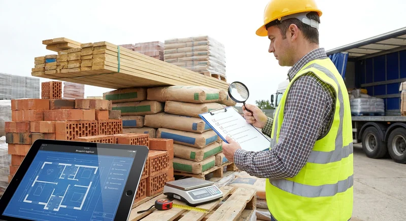 Budowlaniec z lupą i listą kontrolną sprawdza materiały budowlane obok tabletu z rzutem domu.