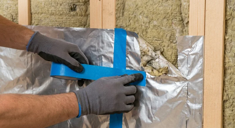 Precyzyjne uszczelnianie folii paroizolacyjnej niebieską taśmą na ociepleniu z wełny mineralnej.