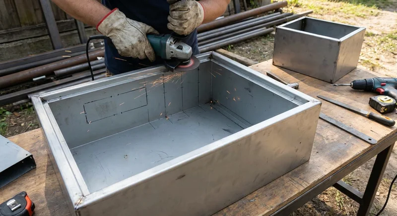 Osoba w rękawicach wycina szlifierką kątową otwory w metalowej szafie na drewnianym stole.