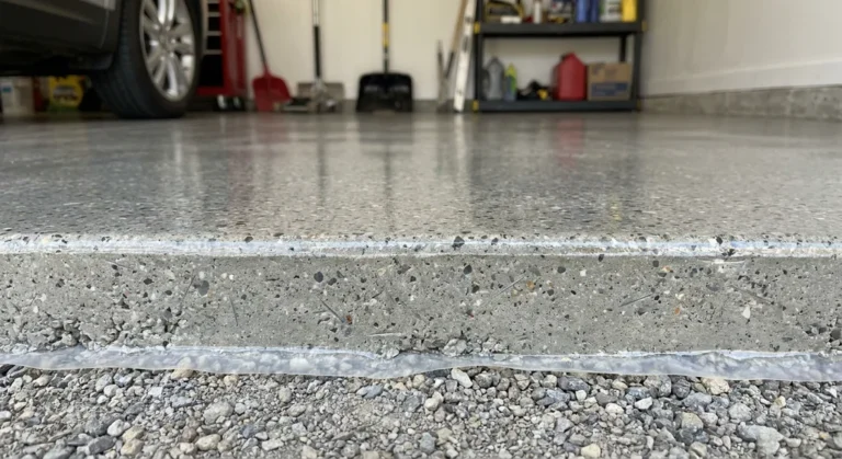 Przekrój betonowej posadzki garażowej z widocznym zbrojeniem rozproszonym, folią i gładką, lśniącą nawierzchnią.