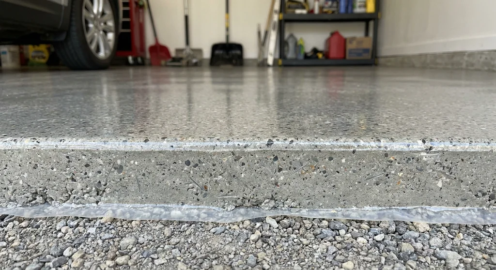 Przekrój betonowej posadzki garażowej z widocznym zbrojeniem rozproszonym, folią i gładką, lśniącą nawierzchnią.