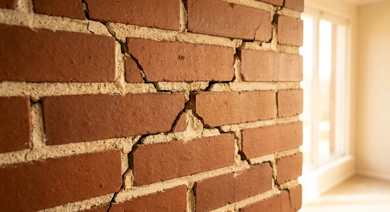 Popękana ściana z czerwonych cegieł z wyraźnymi szczelinami w spoinach i pękniętymi cegłami.