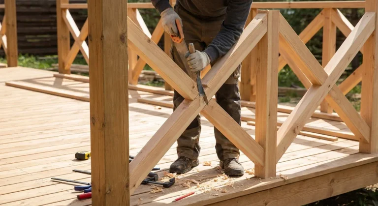 Stolarz dopasowuje połączenie zakładkowe drewnianych belek balustrady krzyżowej za pomocą piły i dłuta.