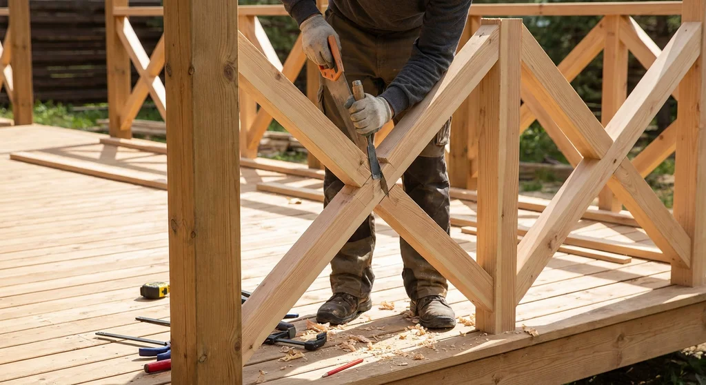 Stolarz dopasowuje połączenie zakładkowe drewnianych belek balustrady krzyżowej za pomocą piły i dłuta.