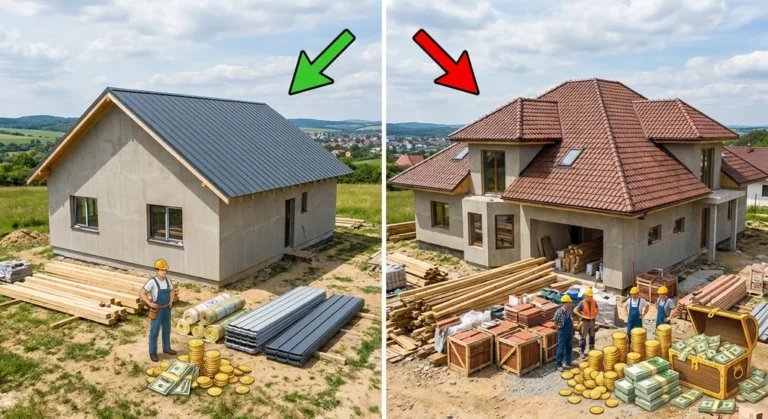 Porównanie kosztów: prosty, tani dach dwuspadowy oraz drogi, skomplikowany dach wielospadowy.