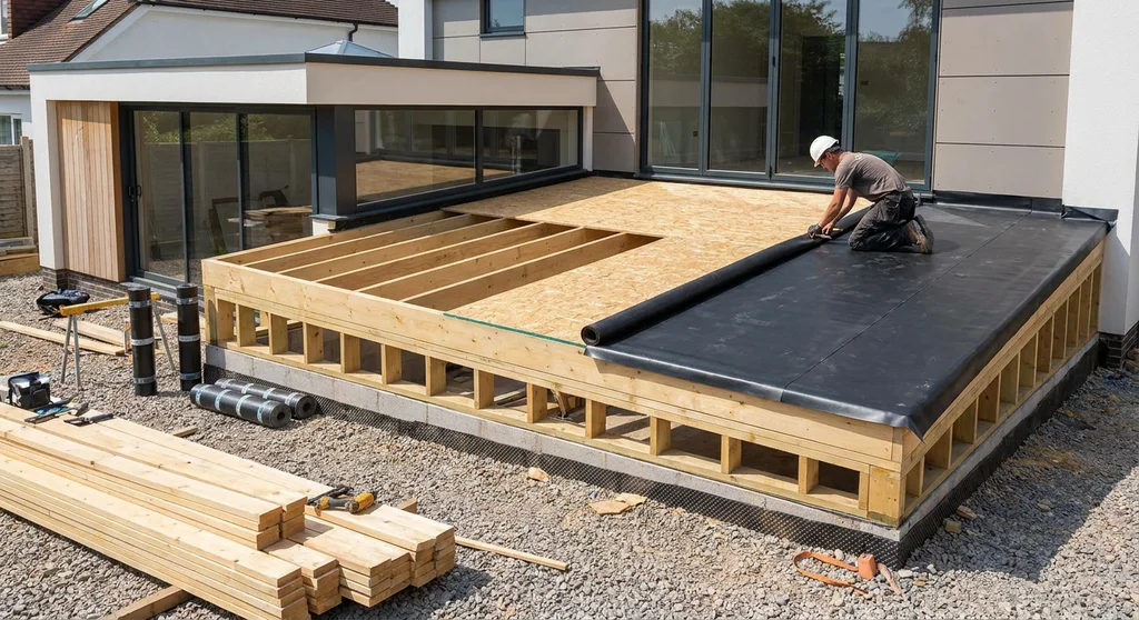 Pracownik układa czarną membranę EPDM na drewnianej konstrukcji płaskiego dachu pokrytej płytami OSB.