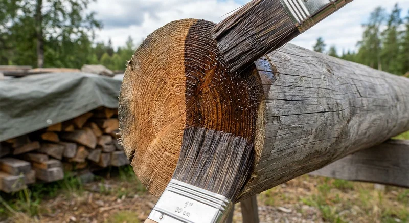 Nakładanie pędzlem ciemnego impregnatu na chłonny przekrój poprzeczny drewnianego bala.